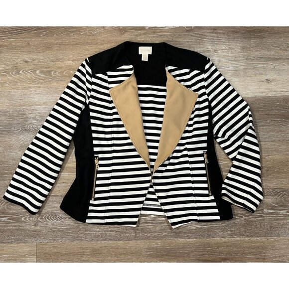Chico's 1 Sz M Black Striped Moto Jacket Blocked Ponte Knit Tuxedo Blazer - Picture 2 of 15